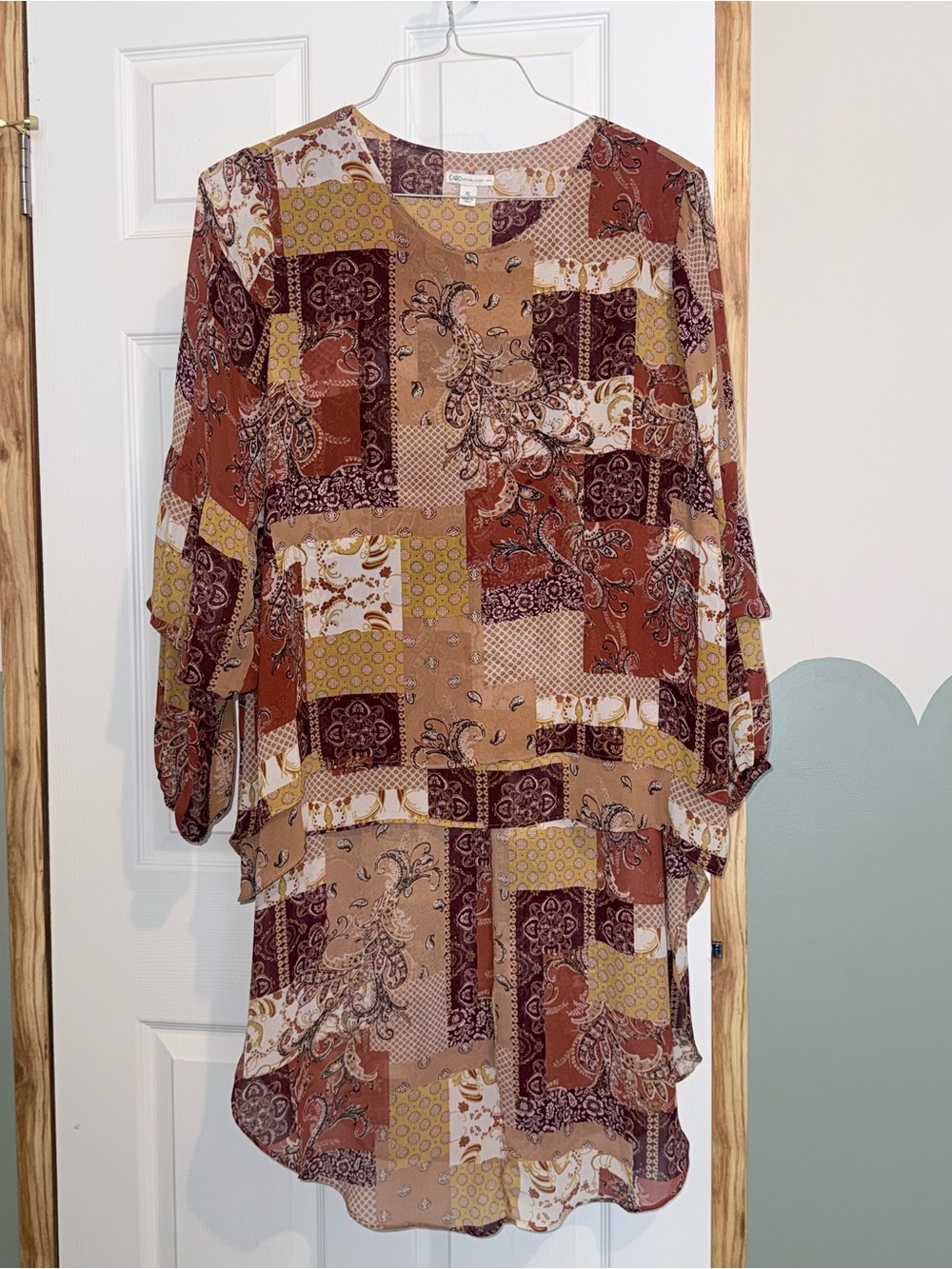 Patchwork Paisley Tunic High-Low Blouse - Rust, Mustard, Cream